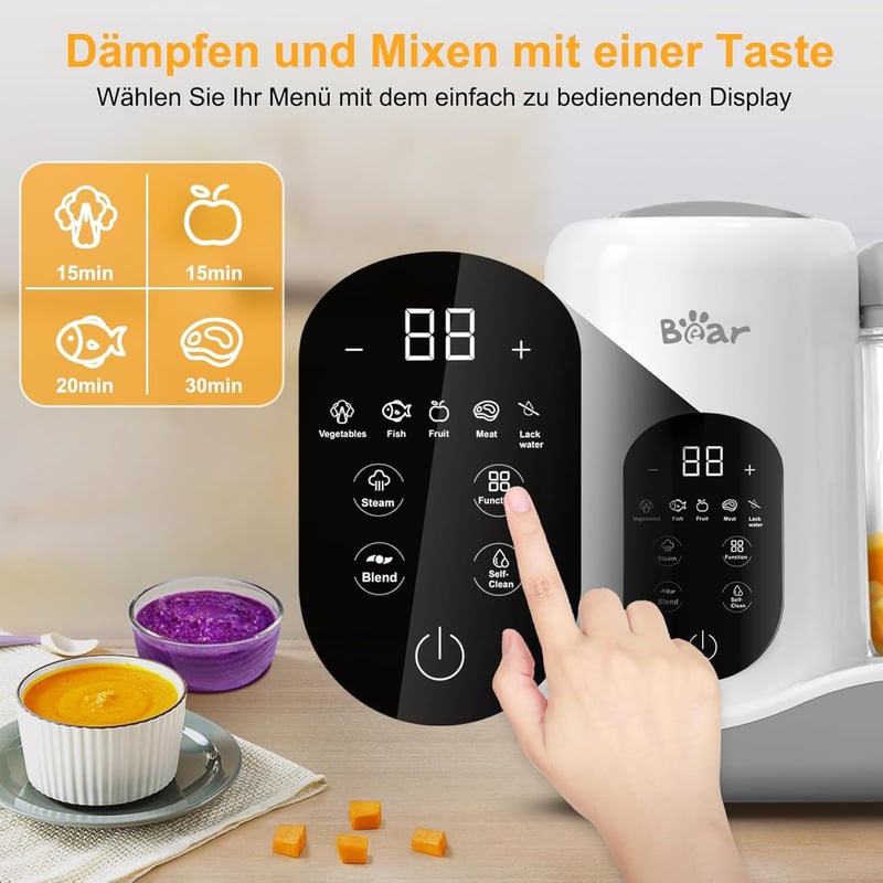 BEAR Bébiétel Készítő - Automata Párolás és Aprítás, 400ml Tritan Edény, BPA-mentes, Öntisztító Funkció, Bébiétel Főző Fehér Színben - White