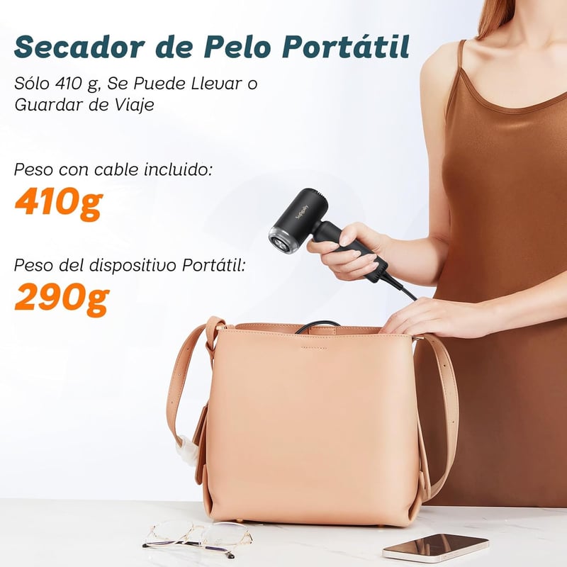 SUPGALIY Utazó Hajszárító 1500W - Ultrakönnyű 290g Mini Hajszárító Diffúzorral, 4 Hőfokozattal, Ionos Technológiával, Gyors Szárítás (Szürke