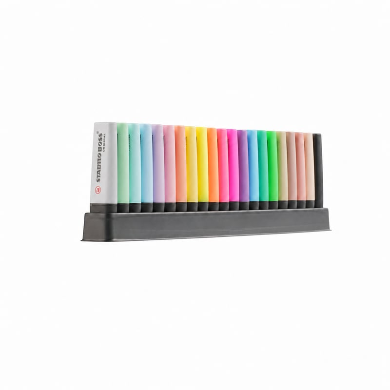 STABILO BOSS Original szövegkiemelő készlet asztali szett vegyes színek 8 fluo + 8 pasztell + 6 nature + 1 fekete marker tartóval — 22 db-os szett