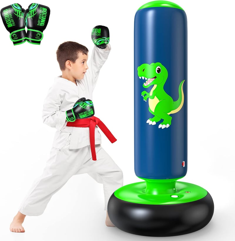 QPAU Felfújható Boxzsák Gyerekeknek 3-8 Éves Korig - Álló Edzőzsák Karate, Taekwondo, MMA Gyakorlásához - Kék PVC Anyagú Boksz Szett Kesztyű - 48 Zoll, Green