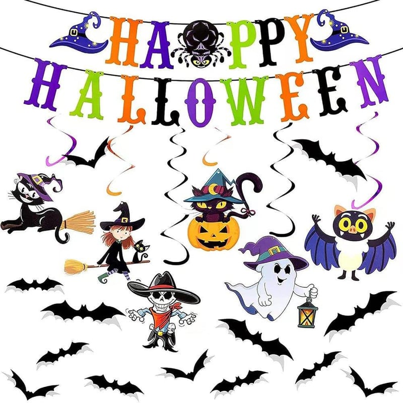 Halloween Dekor Szett: Szellemek, Denevérek, Töklámpás Zászlóval
