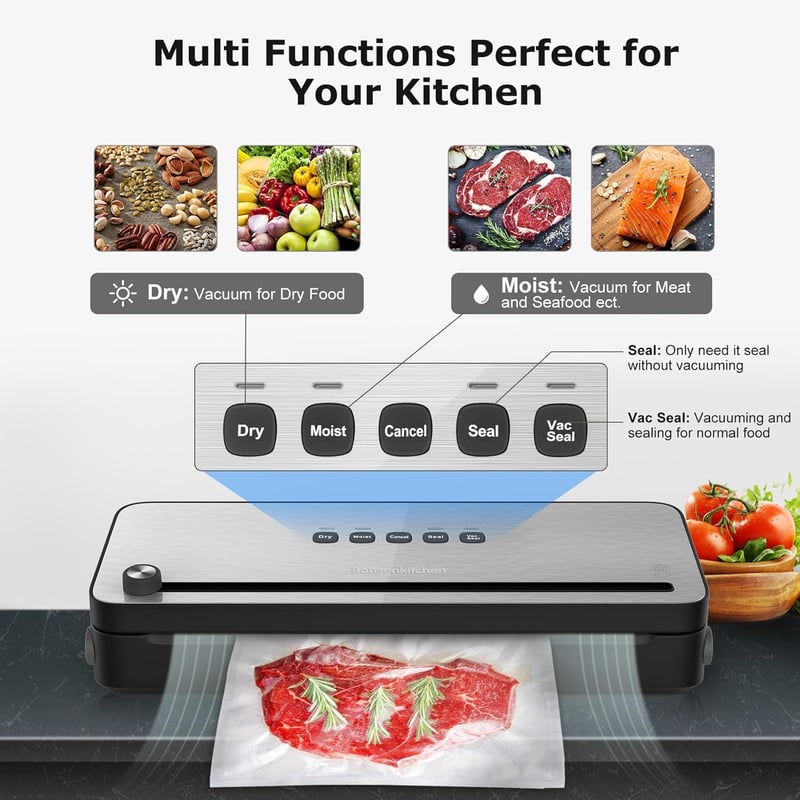 Bonsenkitchen VS3802 Fekete Vákuumfóliázó Gép Sous Vide-hoz, Vágóval és Kiegészítőkkel