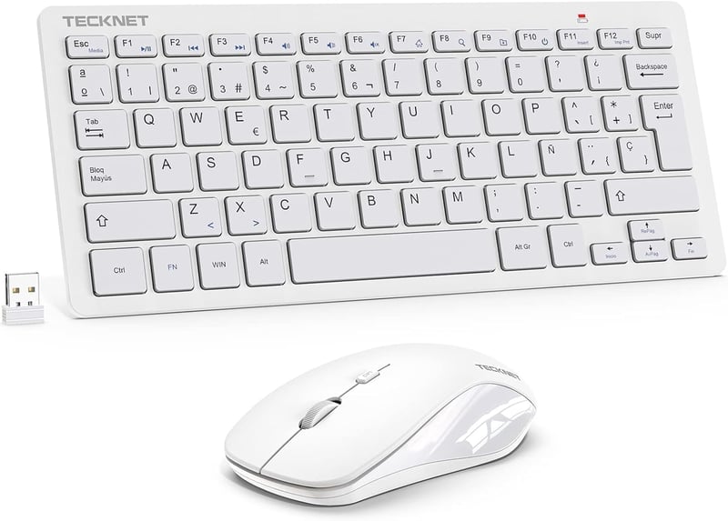 TECKNET Ticknet Mini Billentyűzet és Egér Szett - Ultravékony 2.4G Ergonomikus Spanyol Billentyűzet Csendes Gombokkal, 15m Hatótávolság