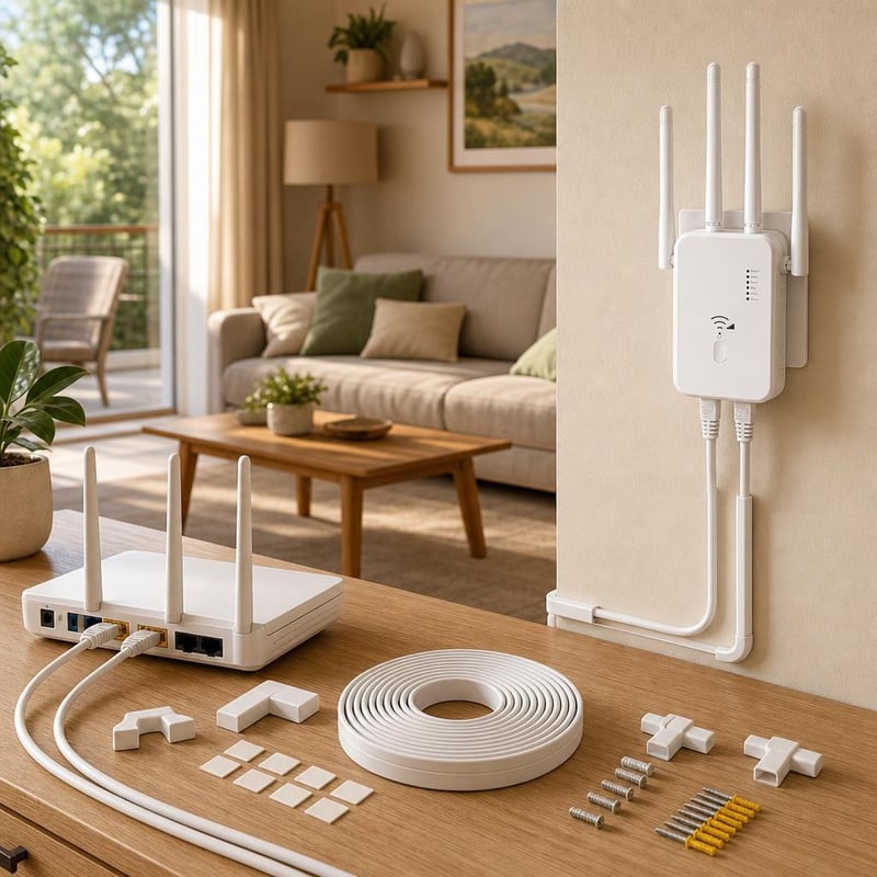 WiFi bridge set: 4-antenski pojačivač signala + 2x Cat8 kabel + 10x kanalica za kabele