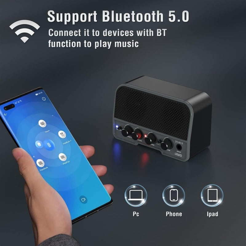 LEKATO 5W Mini Gitárerősítő Kettős Hangszóróval - Hordozható Elektromos Gitár Kombó Erősítő Clean és Overdrive Csatornával, Bluetooth 5.0, Ú