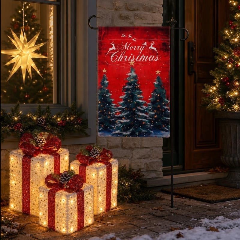 Pachet decorativ Crăciun: steag exterior + 3 cutii cadou luminoase + stea LED