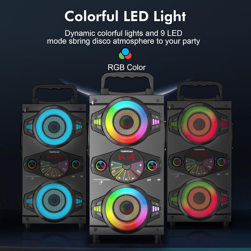TOMPROAD Bluetooth Hangszóró 60W - Hordozható Vezeték Nélküli Hangfal Karaoke Funkcióval, FM Rádióval, LED Világítással és Távirányítóval
