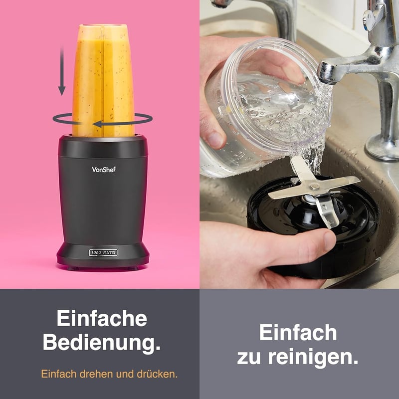 VonShef Személyi Turmixgép 1000W - Multifunkciós Smoothie Készítő Gyümölcsökhöz, Zöldségekhez, Jégzúzásra - 800ml és 500ml Hordozható Pohara