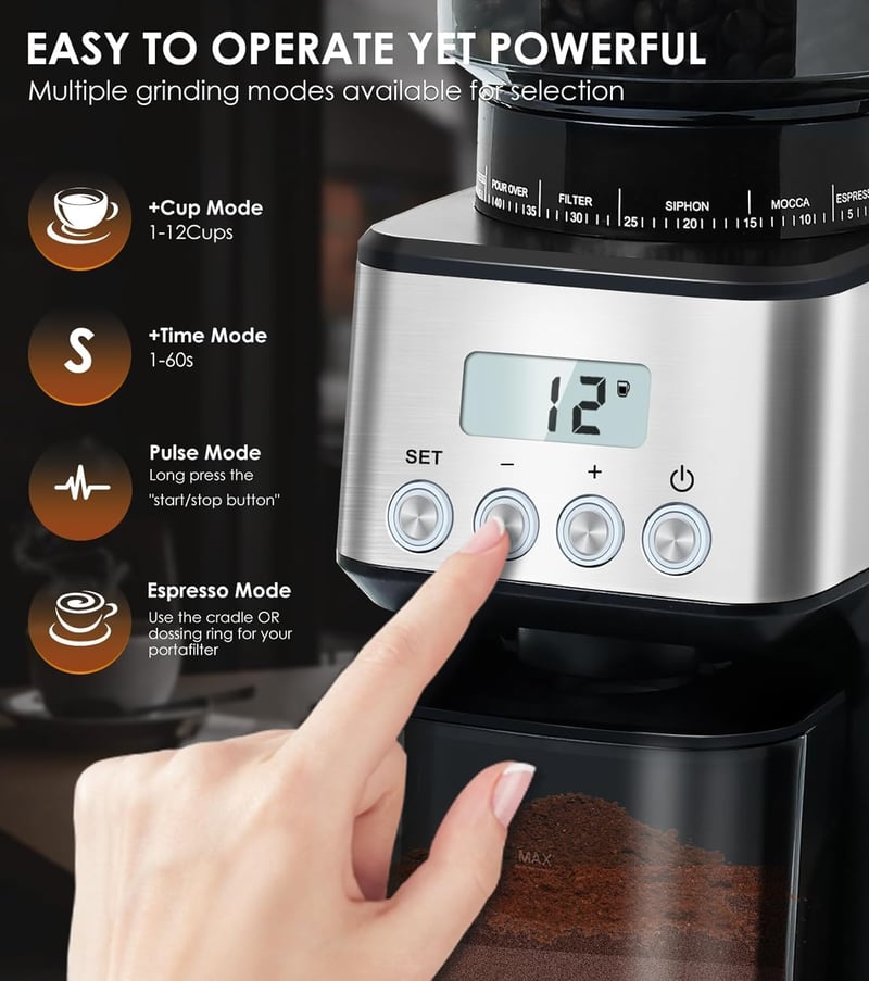 Homtone Elektromos Kávédaráló 51 Őrlési Fokozattal - Portafilterhez és Tárolóhoz, Rozsdamentes Acél, Csepegtetős/Pour Over/Cold Brew/French 