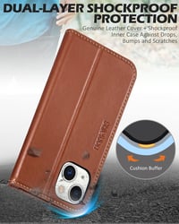 iPhone 14 Valódi Bőr Flip Tok RFID Védelemmel - SHIELDON Retro Barna 6