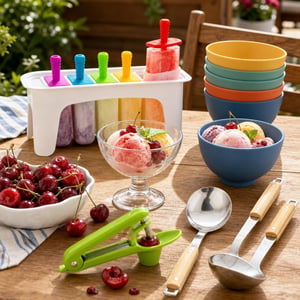 Set Desert Curcubeu: 6 forme înghețată + 6 cupe sticlă + 8 boluri + dispozitiv scos sâmburi