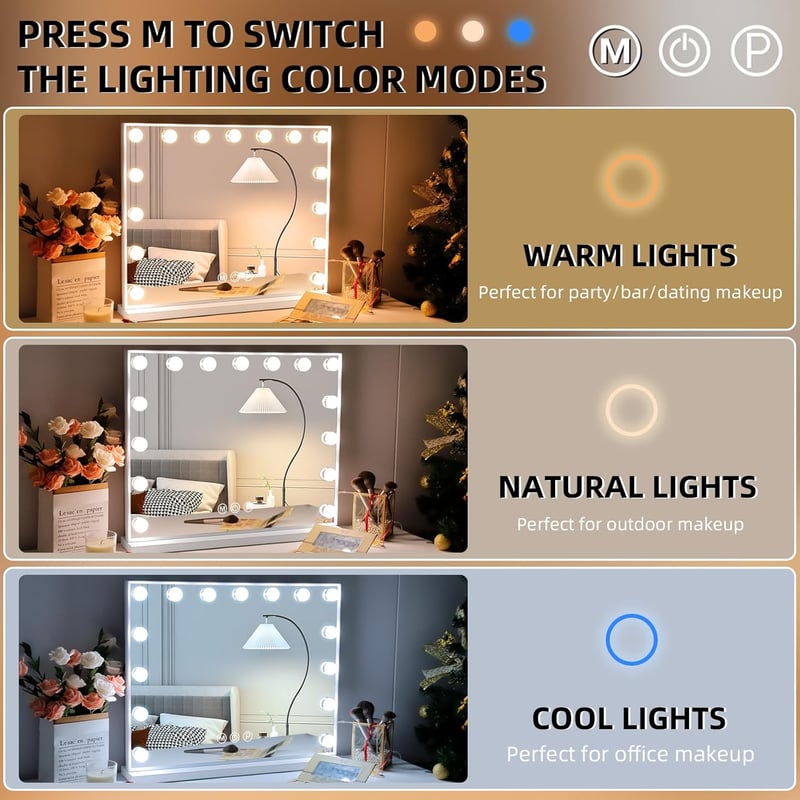 Hansong Hollywood Sminkasztal Tükör 15 LED Izzóval - Fehér Sminktükör USB Kimenettel, 58x46 cm Méretben, Üveg Kivitelben