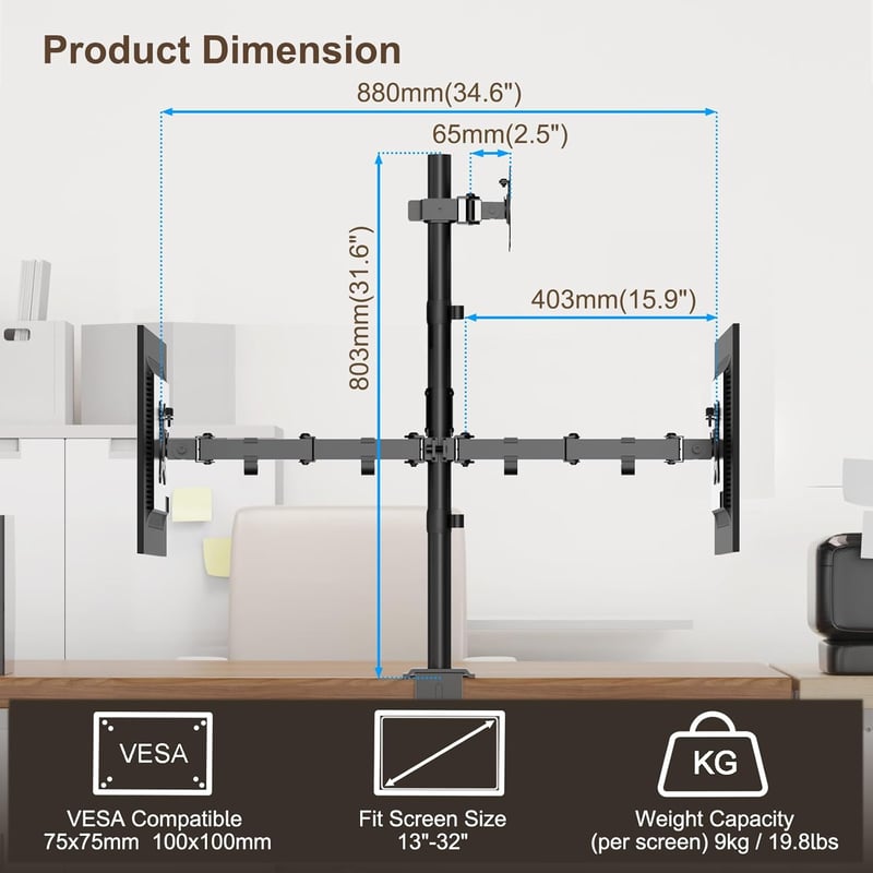 PUTORSEN Monitor Tartó 3 Monitoros 13-32 Colos Képernyőkhöz, 80 cm-es Rúd, Forgatható, Dönthető, Állítható Magasságú, 9 kg/Kar, VESA 75x75/1