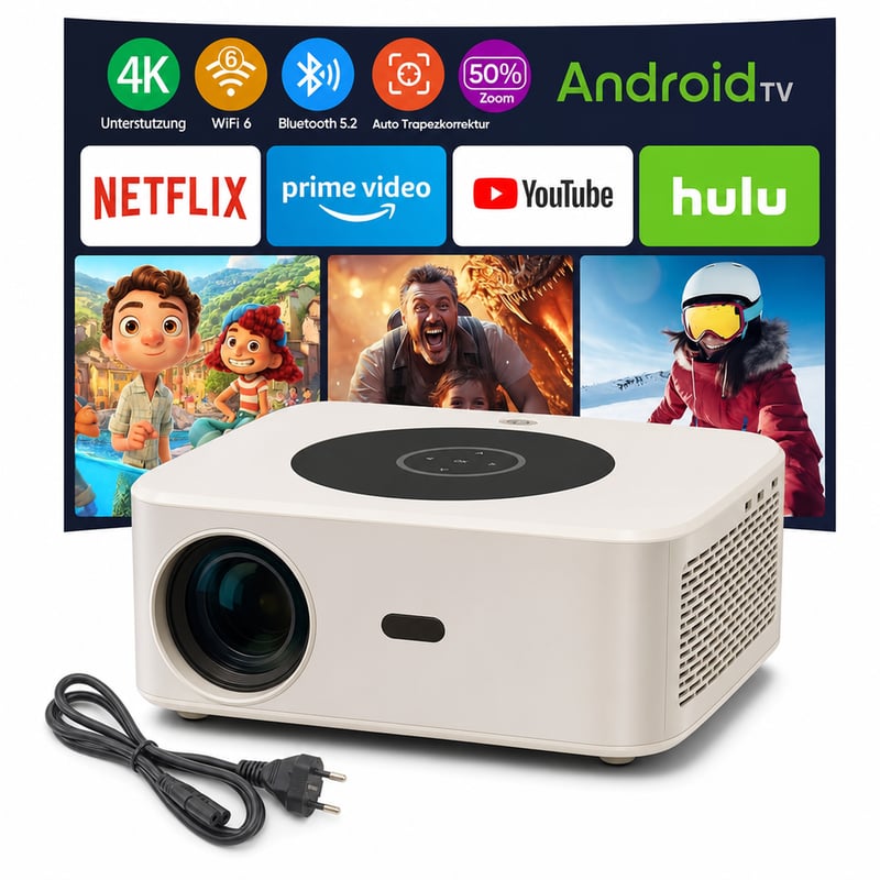 HORLAT 4K Projektor WiFi 6 Bluetooth 5.2 28000 Lumen Android TV Automatikus Keystone 50% — HDMI-kábel nélkül (állapot: lásd a 2. képet)