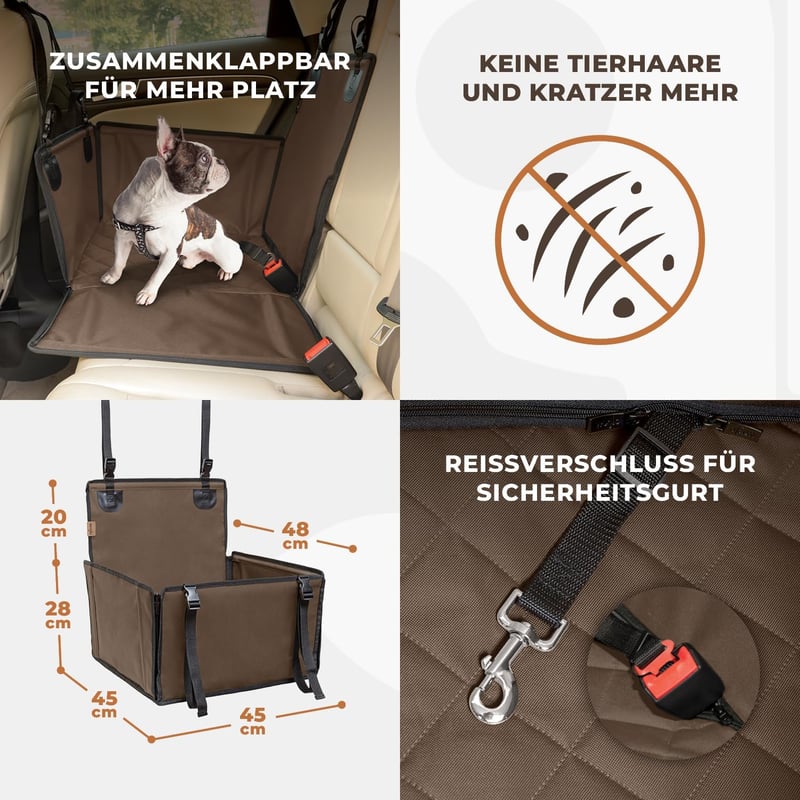 Megerősített barna kutyaülés autóba - Vízálló, stabil kisebb és közepes ebeknek (S méret)