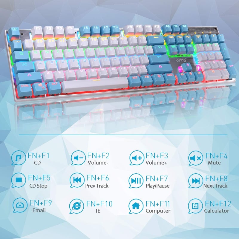Rózsaszín mechanikus gamer billentyűzet, RGB háttérvilágítással, kék kapcsolókkal, 104 gombos