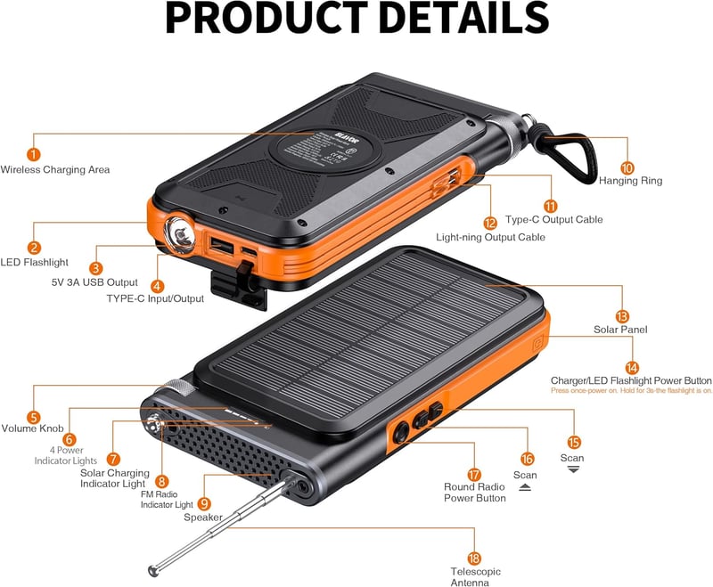 BLAVOR 20000 mAh-s Napelemes Powerbank 4in1 Vezeték Nélküli Töltéssel és FM Rádióval
