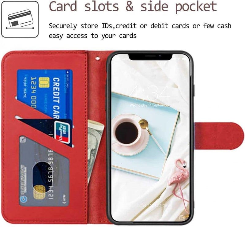 iPhone X/XS Piros Flip Tok Szarvasmintás PU Bőr Pénztárcával