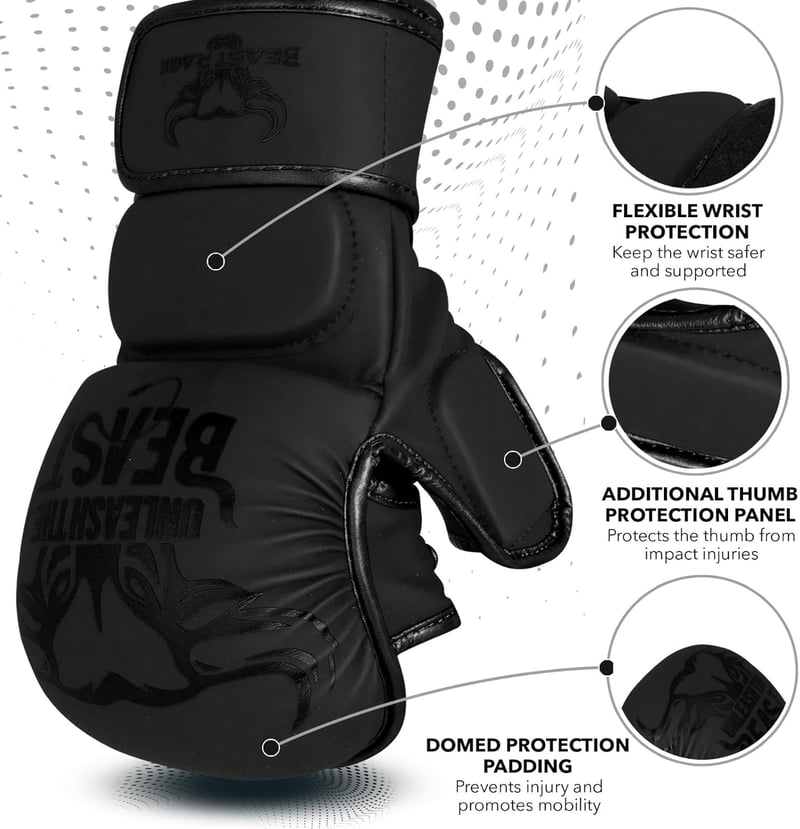 BEAST RAGE MMA Kesztyű Állítható Csuklótámasszal - Nyitott Tenyerű Harcművészeti Kesztyű Muay Thai, Ketrecharc, Taekwondo és Kickbox Edzések