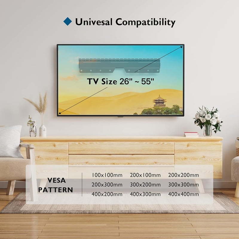 BONTEC TV Fali Tartó Fúrás Nélkül - 26-55" LED/LCD/OLED Képernyőkhöz, 50kg Teherbírás, VESA 400x400mm, Dönthető, Vékony Kivitel, Egyszerű Fe