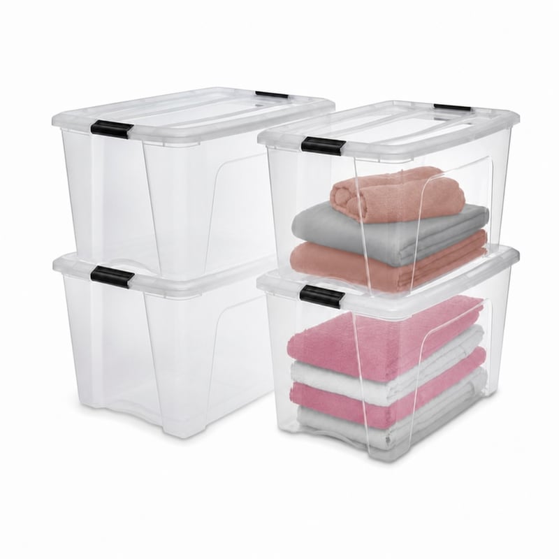 Iris Ohyama NTB-45 prozirna kutija za pohranu s poklopcem, 45 L, set od 4 komada, s kopčama, slaganje jedna na drugu, plastika bez BPA, s ručkom