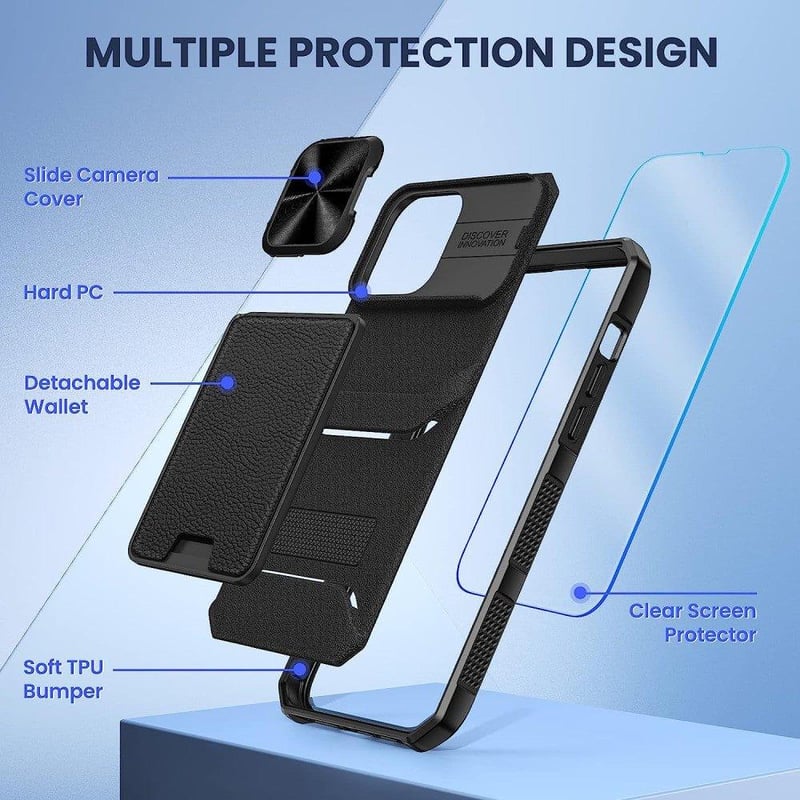 iPhone 14 Pro Védőtok Fóliával, Kártyatartóval, Kameravédővel - Fekete