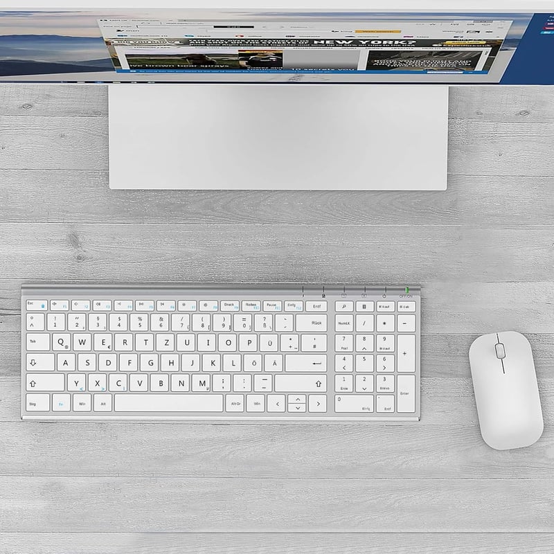 seenda Vezeték Nélküli Billentyűzet-Egér Szett - Újratölthető, Ultravékony Fém Billentyűzet QWERTZ Kiosztással PC/Laptop/Smart TV-hez, Fehér