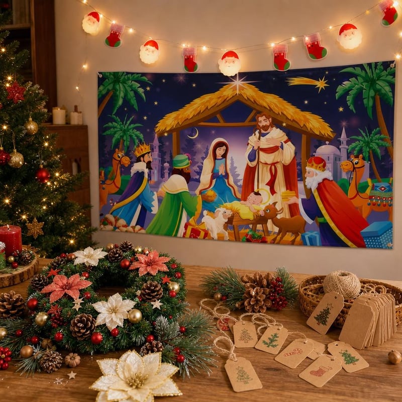 Adventi čarolija: pozadina Betlehem + 111 kom set za vijence + LED Djed Mraz + 100 etiketa za poklone