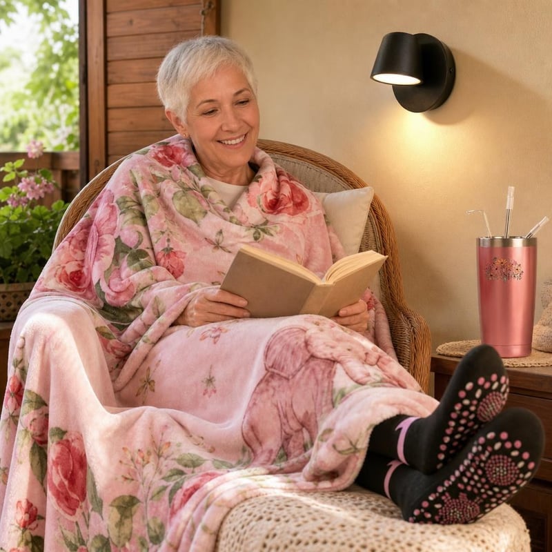 Set Cadou Cozy pentru Bunica: pled moale + 2 perechi șosete + termos 600ml + lampă LED de citit