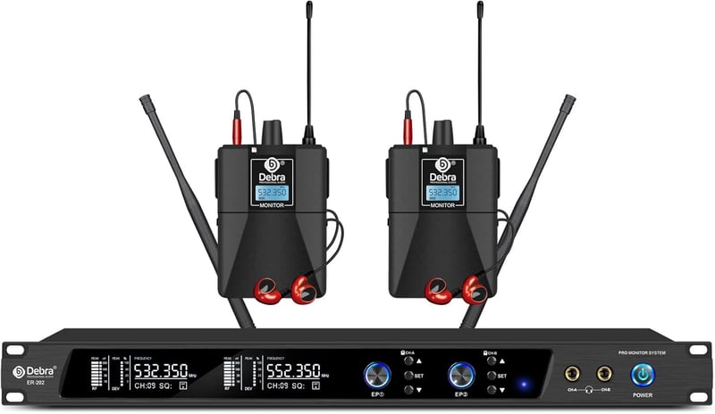 D Debra Audio PRO ER-202 UHF Dupla Csatornás Vezeték Nélküli Fülmonitor Rendszer Adóval és Vevővel Színpadi, Stúdió és Zenész Használatra