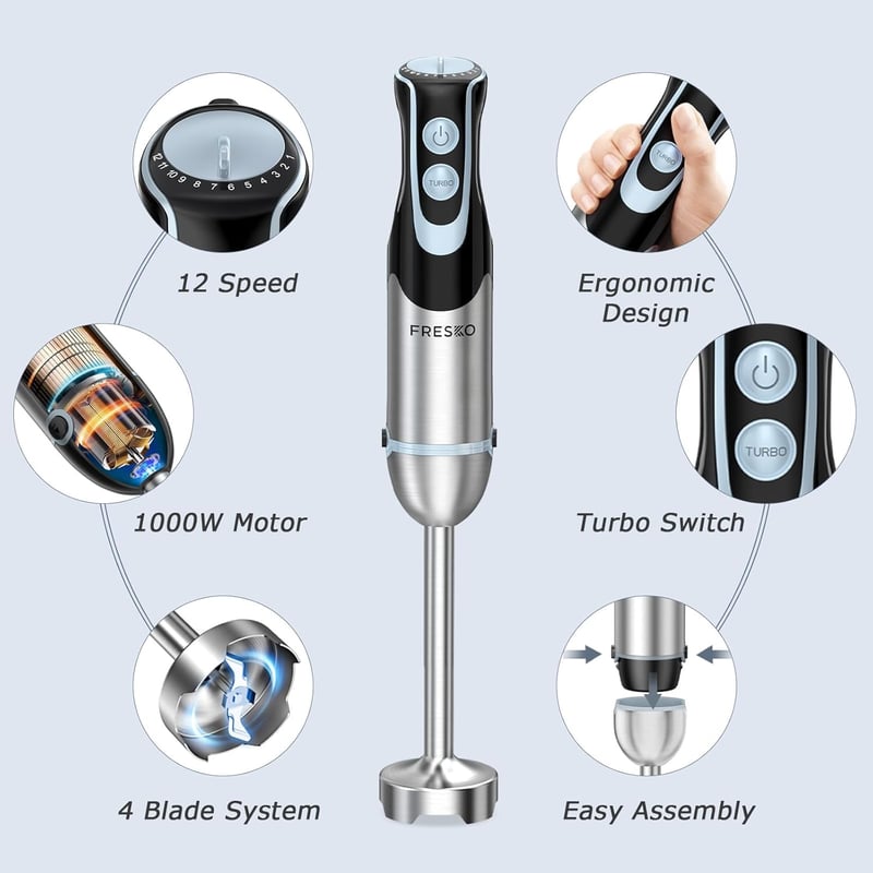 FRESKO 1000W-os Kézi Mixer 12 Sebességgel, 4 az 1-ben Funkció (Újracsomagolt)