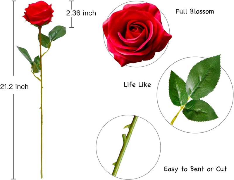 DuHouse 10 db Élethű Selyem Rózsa - 54 cm Hosszú Művirág Csokor Esküvői Dekorációhoz, Lakásdekorációhoz - Piros Selyemvirágok Tartós Anyagbó