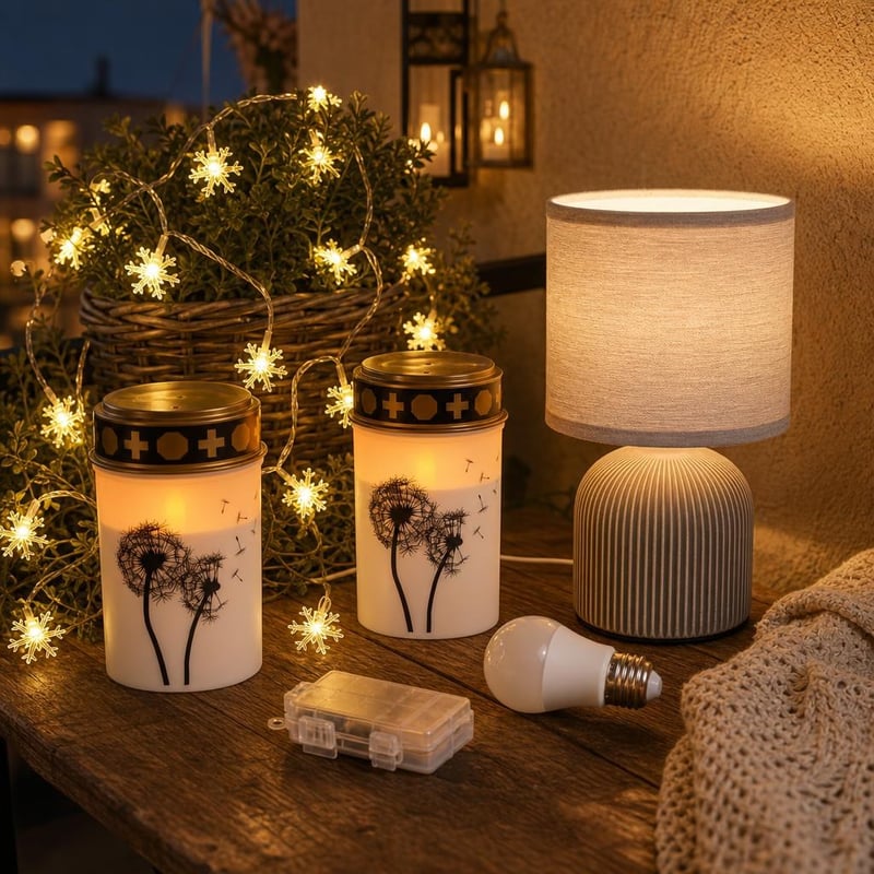 Sada Zlatistý súmrak: 2x LED kahance + 6m svetelná reťaz + stolná lampa + E27 LED žiarovka