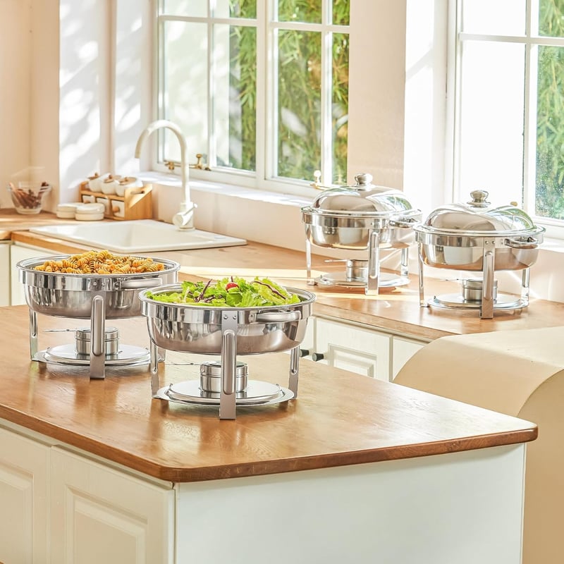 Wilprep 5L Rozsdamentes Acél Ételmelegítő Szett - 4 db Kerek Chafing Dish Melegentartó Tál Rendezvényekhez és Partikhoz