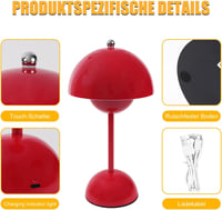 EXTRASTAR Gomba Alakú LED Asztali Lámpa - Piros Érintésvezérelt Fényerőszabályzós Lámpa 3 Színhőmérséklettel, USB Újratölthető, Hálószobába, 3
