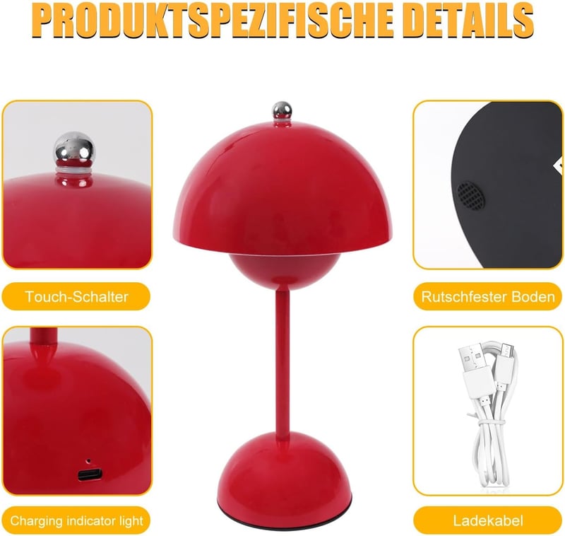 EXTRASTAR Gomba Alakú LED Asztali Lámpa - Piros Érintésvezérelt Fényerőszabályzós Lámpa 3 Színhőmérséklettel, USB Újratölthető, Hálószobába,