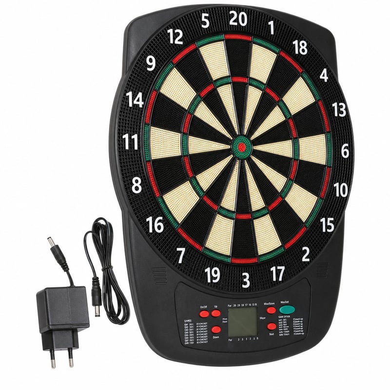 Țintă de darts electronică Kasadin, 32 de jocuri, 590 de variații, afișaj LCD, 1-8 jucători — cu 5 săgeți, fără vârfuri de rezervă (stare: vezi poza a 2-a)
