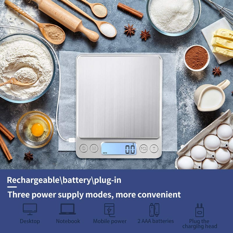 KUBEI digitális konyhai mérleg, USB töltés, 3kg/0.1g, rozsdamentes acél