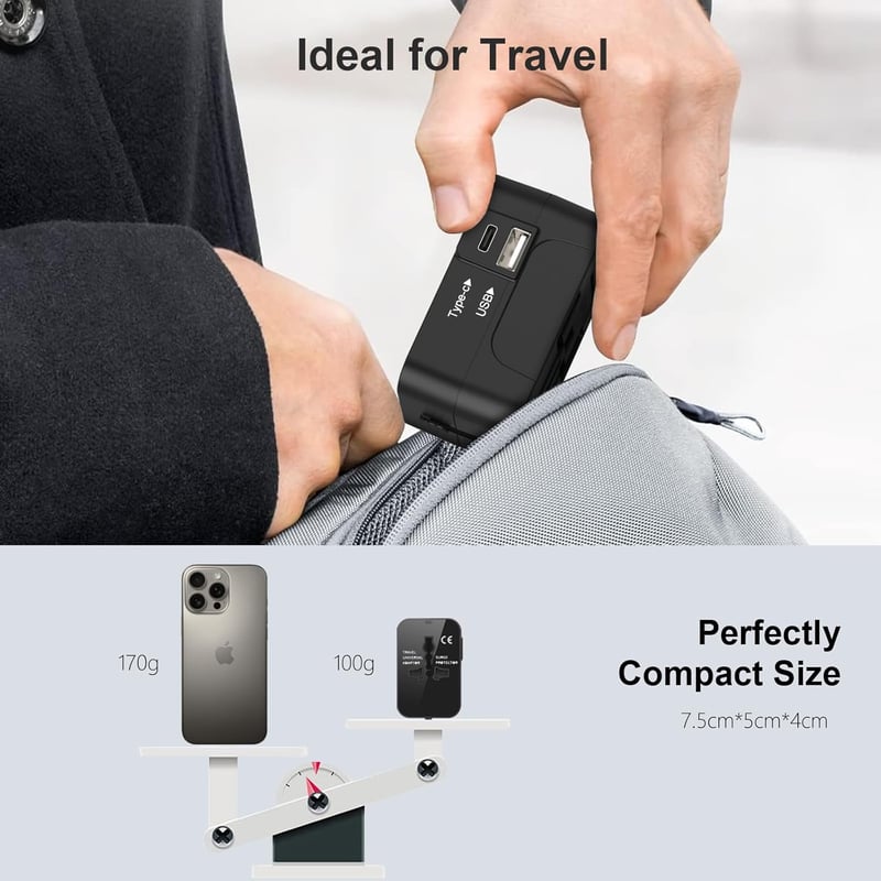 Amoner Univerzális Utazási Adapter USB-C és USB-A Portokkal - Nemzetközi Konverter Amerikai, Olasz, Angol, Japán, Francia Konnektorokhoz
