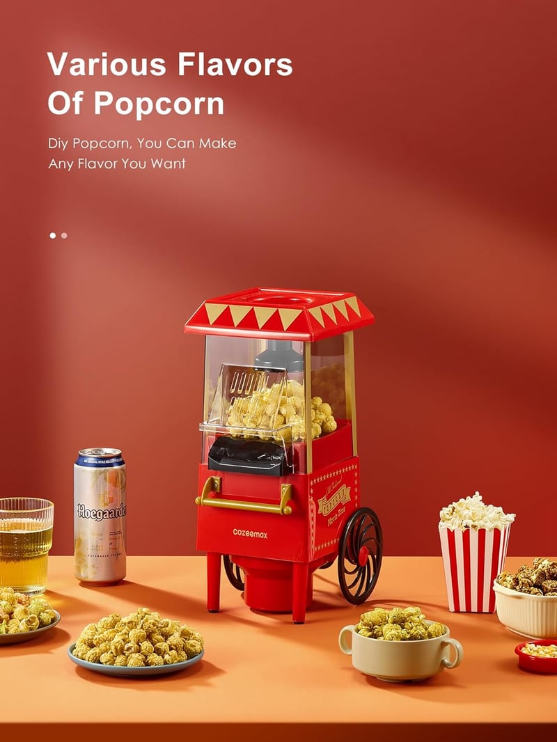 Cozeemax Retro Popcorn Készítő 1200W - Nagy Kapacitású, Zsírmentes, Piros