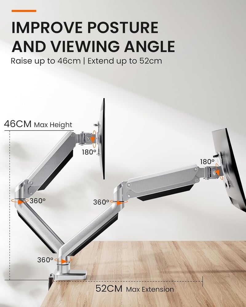 ErGear Dupla Monitortartó 13-32" Képernyőkhöz, Gázrugós Technológia, Teljes Mozgástartomány, ±45° Döntés, 180° Forgatás, VESA 75/100, 8kg Te