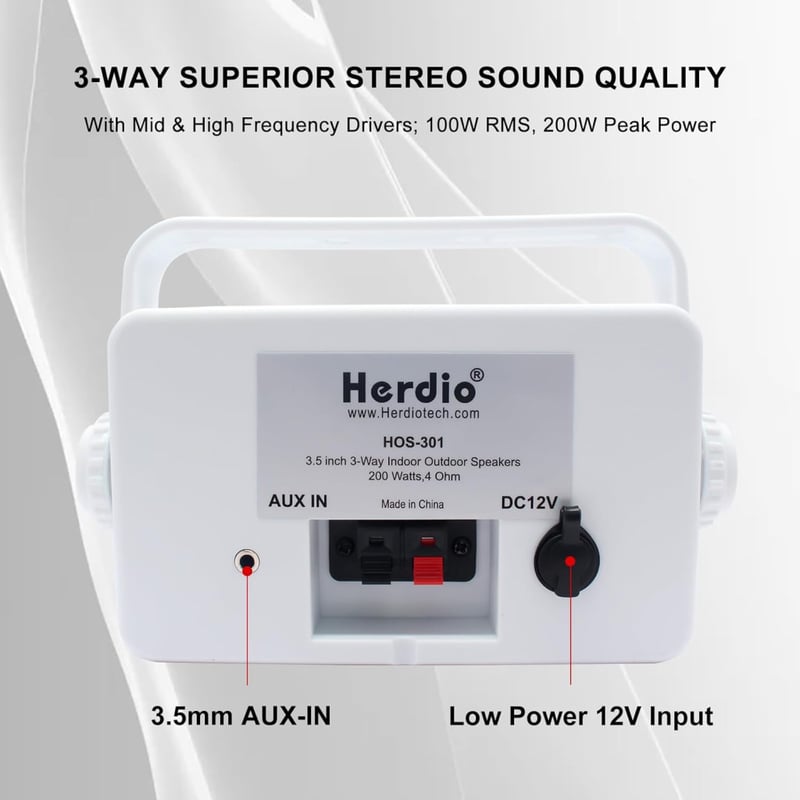 Herdio 3,5" Bluetooth Kültéri Hangszórópár, 200W, 3-Utas, Vízálló, Falra Szerelhető, Hajóra, Teraszra, Kertbe - Fehér