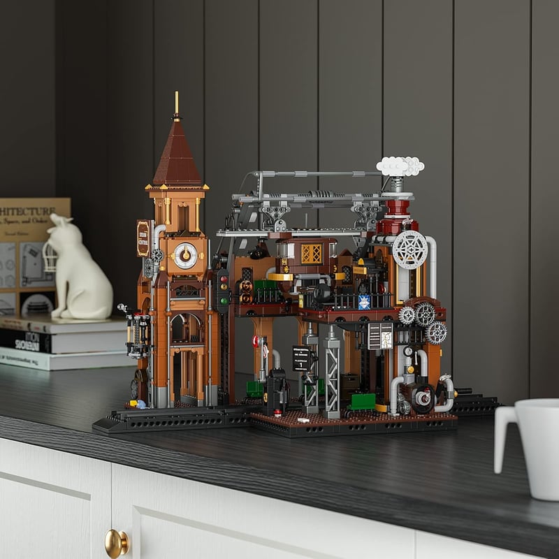 FUNWHOLE Steampunk Vasútállomás LED Világítással - 1843 Darabos Építőkészlet Felnőtteknek