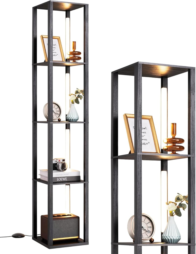 EDISHINE Állólámpa Polcokkal - 3 Színhőmérsékletű Dimmelhető LED, 20W, 1530 Lumen, 163cm Sarokpolc 360° Forgatható Világítással, Lábkapcsoló