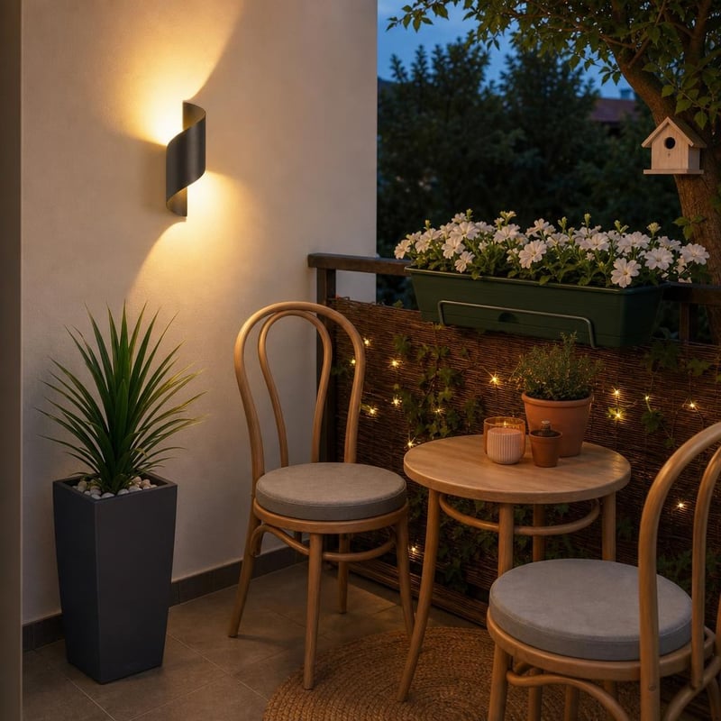 Paket za oazu na balkonu: LED zidna lampa + balkonska posuda + lončanica + 2 jastuka za sjedenje