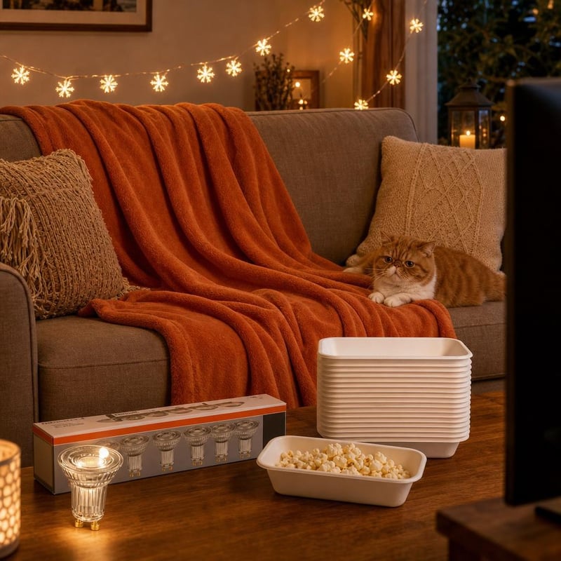 Set za kućno kino: 1x LED žarulja + 1x plišana deka + 50x zdjelice + 1x svjetlosni niz pahuljice