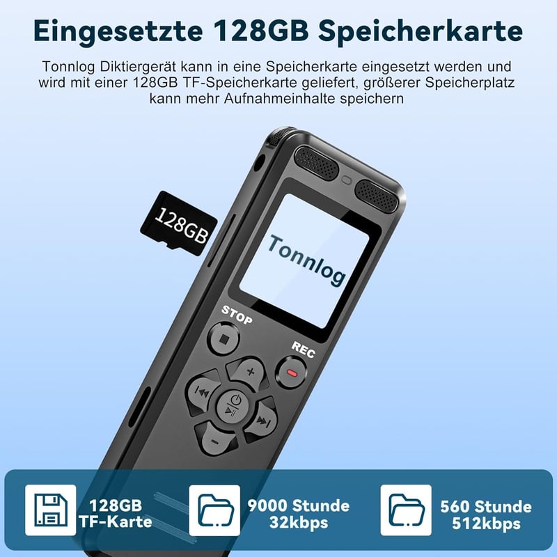 Tonnlog 128GB Digitális Diktafon Hangrögzítő USB-C Csatlakozással - Zajcsökkentés, Egyérintéses Felvétel, 1536kbps, Előadásokhoz, Megbeszélé