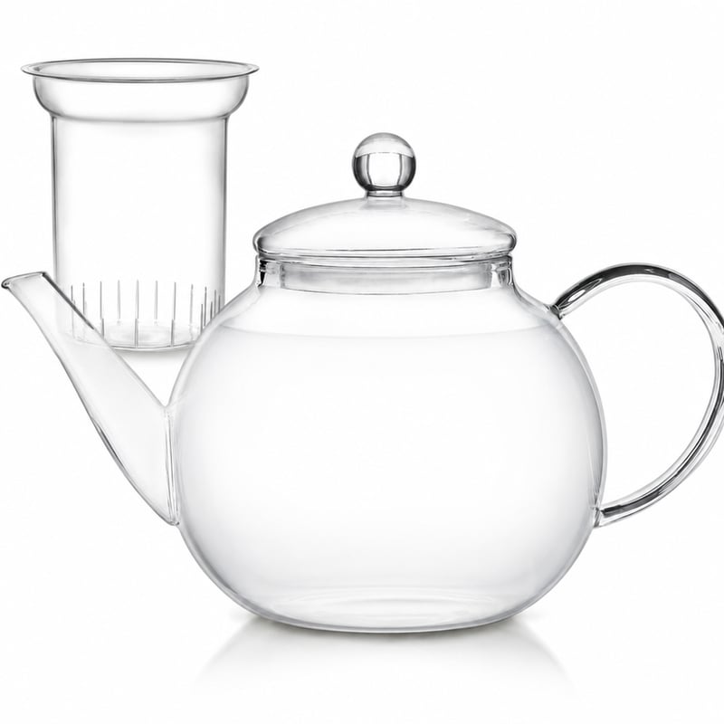 Ceainic de sticlă Teabloom cu infuzor detașabil 1,2 L, termorezistent, compatibil cu cuptorul cu microunde — Fără floare de ceai (stare: vezi a 2-a imagine)