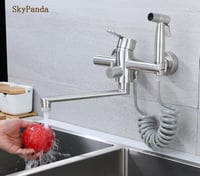 SkyPanda Fali Konyhai Csaptelep 4 Üzemmóddal - 360° Forgatható, 23 cm Kifolyócsővel, Kihúzható Zuhanyfejjel, Rozsdamentes Acél, Szálcsiszolt 2
