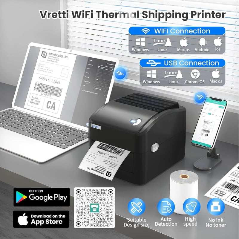 vretti WiFi 5G Címke Nyomtató 4x6 Hőnyomtató Szállítási Címkékhez Amazon Shopify Etsy eBay UPS DHL FedEx Kompatibilis